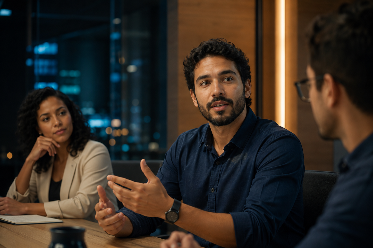 Profissional falando com confiança durante uma reunião